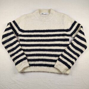 Zara Wool Blend Sweater Womens Small Striped Pullover Crew Neck